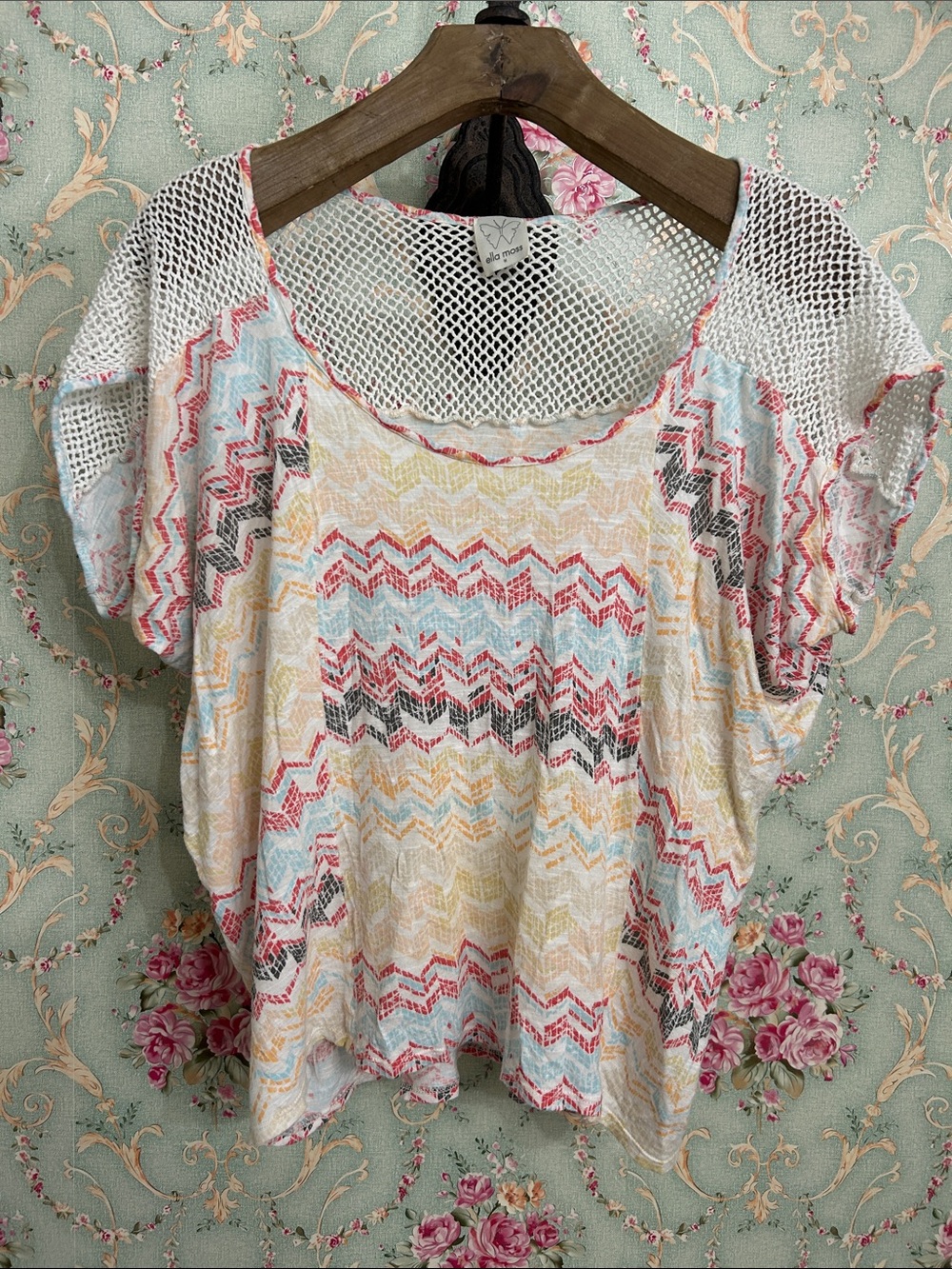 VINTAGE Ella Moss retro Chevron SOFT lightweight short sleeve Flashdance top M